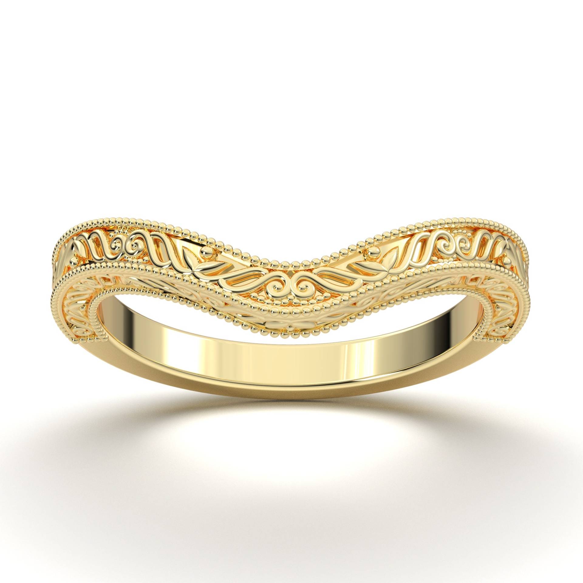 V-Form Ehering, Gravierter 14K Solid Gold Ring, Vintage Stil Geschwungener Milgrain Jahrestag Band von AurosiJewelsCouture