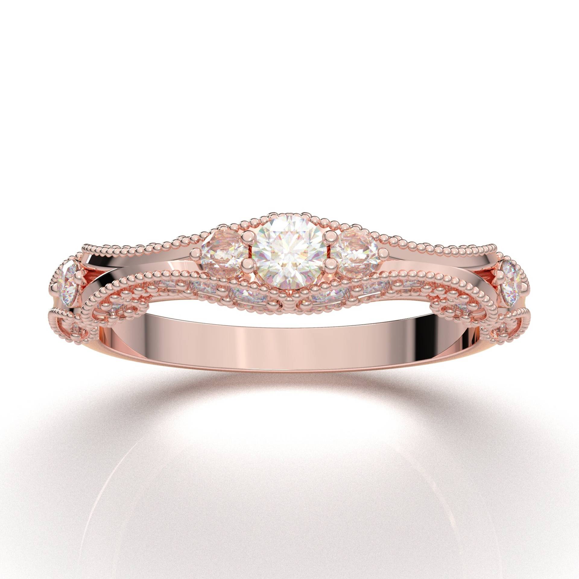 Vintage Moissanite Ehering, Frauen Verlobungsring, 14K Roségold Band, Drei Steine Ring, Versprechen Jahrestagsgeschenk Für Sie von AurosiJewelsCouture