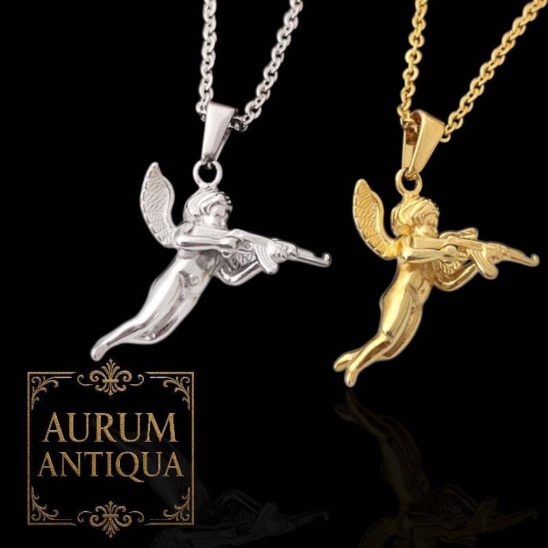 3D Engel Mit Ak47 Halskette - 18K Vergoldeter Edelstahlanhänger von AurumAntiquaM