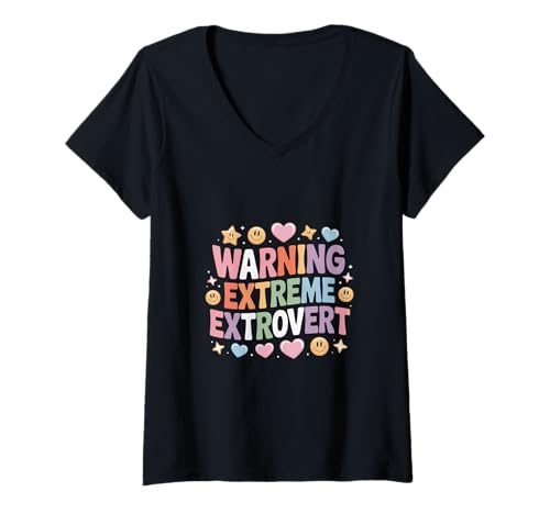 Damen Warning Extreme Extrovert Energy Social Personality - T-Shirt mit V-Ausschnitt von Aus kontaktfreudiger Persönlichkeitsspaß