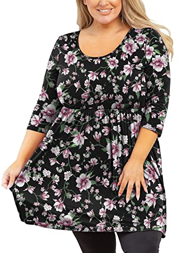 AusLook Damen Übergröße Kurzarm Tunika Tops U-Ausschnitt Kleidung Flowy Swing Babydoll Tops Basic T-Shirts für Leggings, Schwarz Rosa, 4X von AusLook