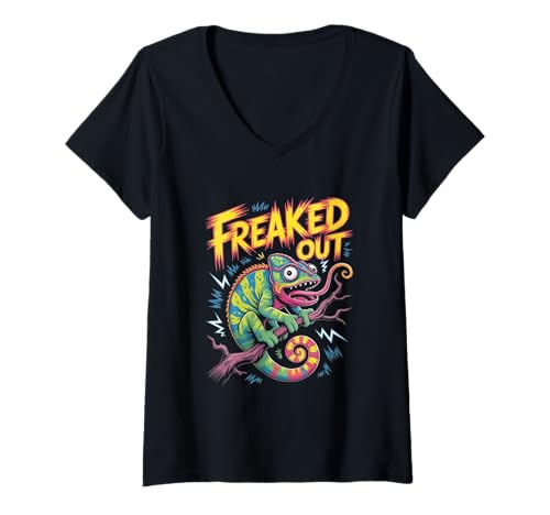 Damen Ausgeflippt Chamäleon Lustige farbenfrohe Echsenretro T-Shirt mit V-Ausschnitt Damen Ausgeflippt Chamäleon Lustige farbenfrohe Echsenretro T-Shirt mit V-Ausschnitt von Ausgeflippte Echsenkleidung ausgeworfen