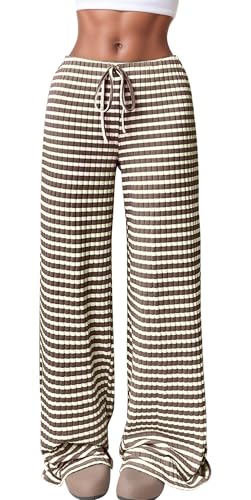 Ausing 2024 Gestreifte Hosen mit weitem Bein für Frauen Bequeme Herbstmode Kordelzug Streifen Print Lounge Pyjama Jogginghose von Ausing