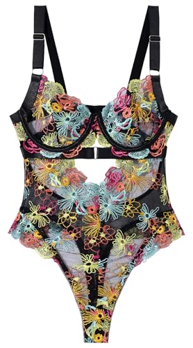 Ausing Blumen schwarz Bodysuit für Frauen bestickte Spitze Einteilige Dessous Tops für Nachtwäsche Rave Outfit von Ausing