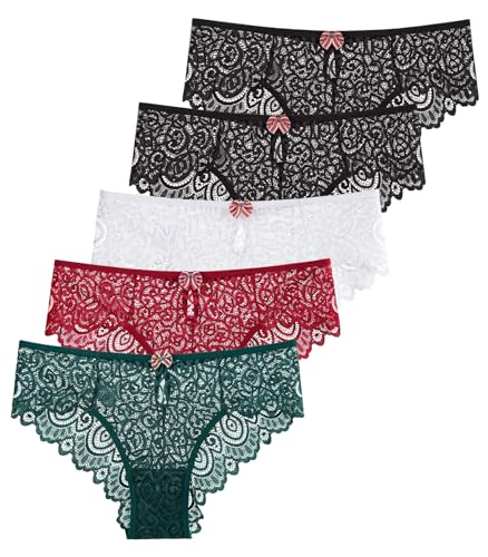 Ausing Damen 5er Pack Spitze Dessous Niedrige Taille Atmungsaktiv Slips Unterwäsche Dunkelgrün + Weiß + Burgunderrot + Schwarz *2 L von Ausing