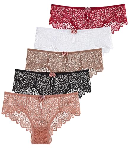Ausing Damen 5er Pack Spitze Dessous Niedrige Taille Atmungsaktiv Slips Unterwäsche Schwarz + Weiß + Ziegelrot + Burgunderrot + Curry L von Ausing