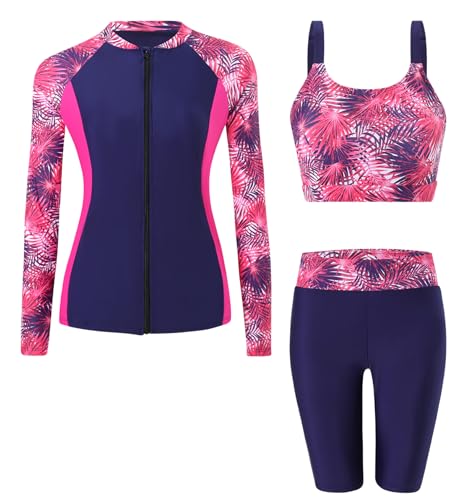 Ausing Damen Badeanzug 3-teiliger Langarm Schwimmanzug Rash Guard Sonnenschutz mit Reißverschluss Surfen Strand 2XL von Ausing