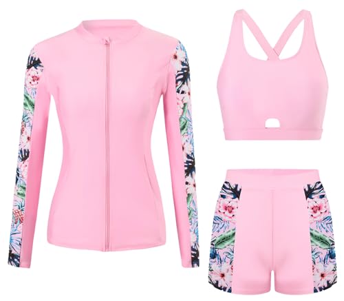 Ausing Damen Badeanzug 3-teiliger Langarm Schwimmanzug Rash Guard Sonnenschutz mit Reißverschluss Surfen Surfkleidung StrandL von Ausing