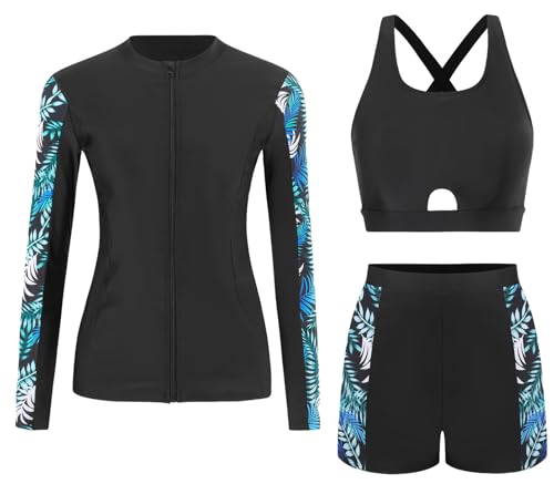 Ausing Damen Badeanzug 3-teiliger Langarm Schwimmanzug Rash Guard Sonnenschutz mit Reißverschluss Surfen Surfkleidung StrandM von Ausing