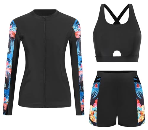 Ausing Damen Badeanzug 3-teiliger Langarm Schwimmanzug Rash Guard Sonnenschutz mit Reißverschluss Surfen Surfkleidung StrandXL von Ausing