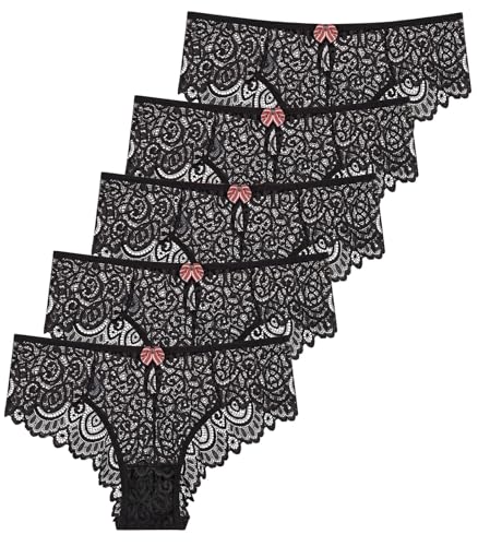 Ausing Damen Boxershorts Spitzen Hipster Unterwäsche für Frauen Atmungsaktiver Hipster Pantys Mehrpack Schwarz*5 S von Ausing