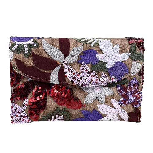 Ausing Damen-Clutch Bestickt Elegante Leichte Frauen-Handtasche Pailletten Blumenmuster Kleine Abendtasche Boho-Chic-Stil für Abend Hochzeit Fest Weinrot von Ausing