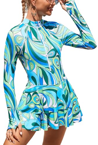Ausing Damen Einteiliger Badeanzug Langarm Badekleid Sonnenschutz Bademode Reißverschluss Rash Guard Damen UV-Schutz Surf Strand Schwimmbad L von Ausing