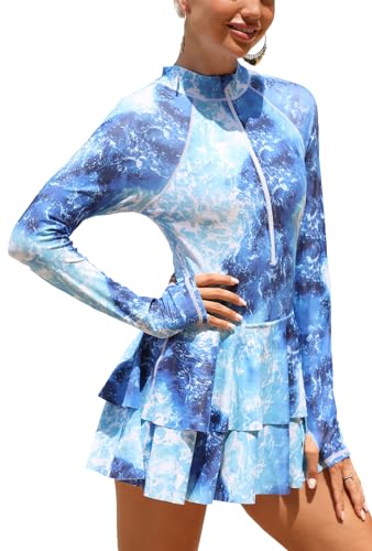 Ausing Damen Einteiliger Badeanzug Langarm Badekleid Sonnenschutz Bademode Reißverschluss Rash Guard Damen UV-Schutz Surf Strand Schwimmbad XXL von Ausing