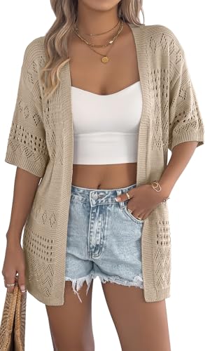Ausing Damen Jacke Sommer Elegant Frauen Shirtjacke Leichte Festlich Top Lang Long Strickjacke Kurzarm Lange Cardigan Dünne Strick Longstrickjacke Vintage Khaki L von Ausing
