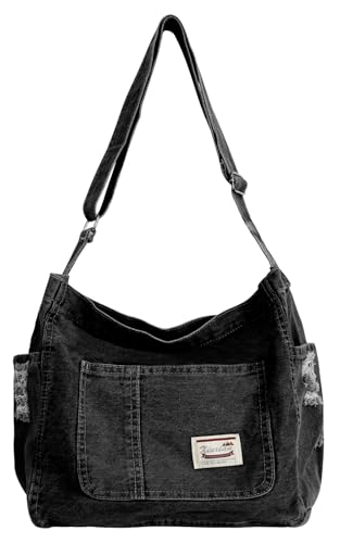 Ausing Damen Jeanstasche Große Denim Tragetasche mit Reißverschluss Fächern Umhängetasche Damen KapazitätWiederverwendbare Einkaufstasche für Büro Markt Reise Faltbar Schwarz von Ausing