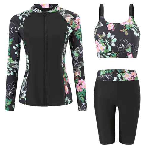 Ausing Damen Langarm Bademode mit Reißverschluss 3-teiliger Badeanzug Damen Slim Fit Sonnenschutz mit BH Badeanzüge L von Ausing
