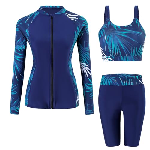 Ausing Damen Langarm Bademode mit Reißverschluss 3-teiliger Badeanzug Damen Slim Fit Sonnenschutz mit BH Badeanzüge M von Ausing