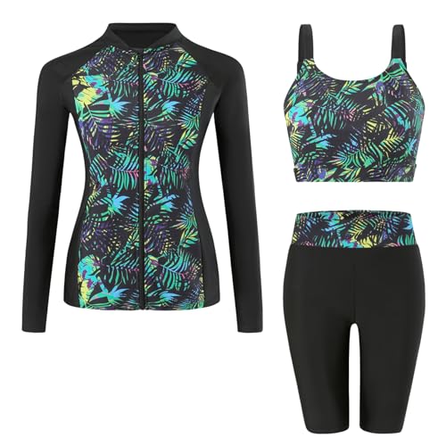 Ausing Damen Langarm Bademode mit Reißverschluss 3-teiliger Badeanzug Damen Slim Fit Sonnenschutz mit BH Badeanzüge S von Ausing