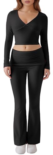 Ausing Damen Langarm Loungewear Set Langärmeliges T-Shirt + Hose Trainingsanzug Zweiteiliger Outfit Schmal Loungewear Sets von Ausing