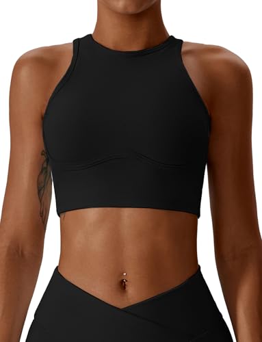 Ausing Damen Ohne Bügel Crop Tops Yoga Fitness Workout Sports Bra Light Sport BH Starker Halt mit Polstern Schwarz L von Ausing