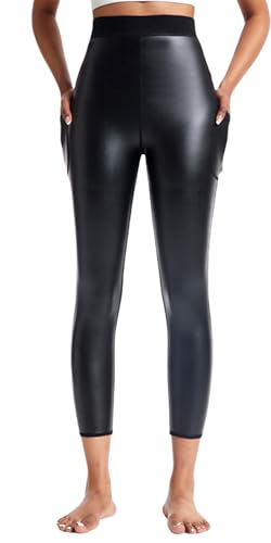 Ausing Damen PU Leder Leggings Lederleggings Push Up Slim Fit Hose Hohe Taille Shapewear Leggings mit Taschen Schwarz S von Ausing