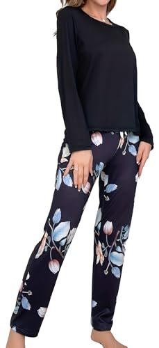 Ausing Damen Schlafanzug Lang Zweiteiliger Winter Pyjama Set Langarm Sleepwear und Karierte Pyjamahose Frauen Loungewear L von Ausing