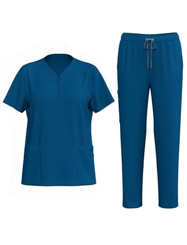 Ausing Damen Scrub Set Krankenschwester Arbeitskleidung Medizinische Uniform Oberteil und Hose Arztkostüm für Krankenhaus, Blau, 2XL von Ausing