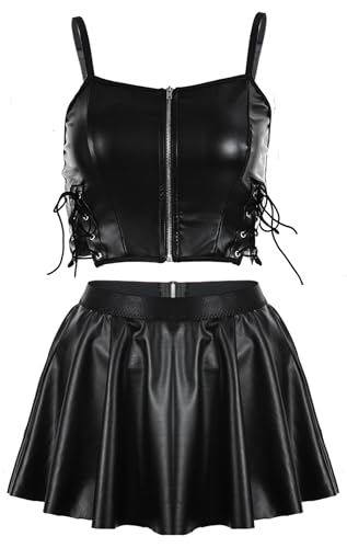 Ausing Damen Sexy Lederkleid Set Leder Tank Top Mesh Durchsichtig String Minirock PU Party Rave Club Outfit Clubwear Schwarz M von Ausing