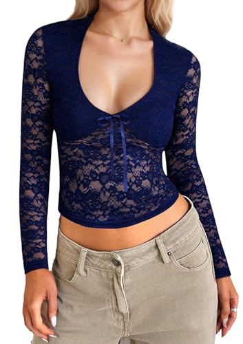 Ausing Damen Spitze Oberteil Mesh Top Y2K See Slim Fit Elegant Transparent Langarmshirt Clubwear Streetwear Dunkelblau XL von Ausing