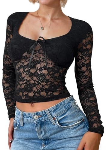 Ausing Damen Spitze Oberteil Mesh Top Y2K See Slim Fit Elegant Transparent Langarmshirt Clubwear Streetwear Schwarz XL von Ausing