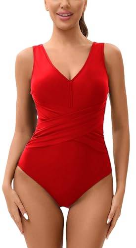 Ausing Damen Sport Badeanzug V-Ausschnitt Monokini mit Cups Hohe Taille Einteilige Bademode Bauchweg Push Up Women one-Piece SwimsuitsM von Ausing