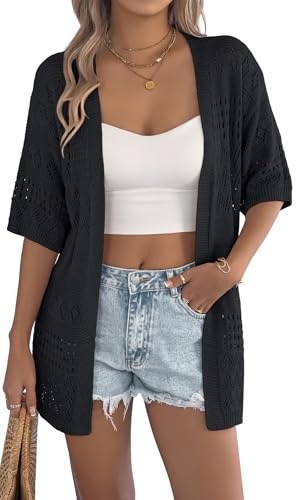Ausing Damen Strickmantel Sommer Strand Frauen Oberteil Leichte V Ausschnitt Strickcardigan Lang Freizeit Strickjacke Kurzarm Leicht Cardigan Dünne Langarm Häckeloberteil Vintage Schwarz L von Ausing