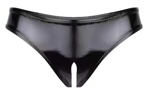 Ausing Damen T-Back PU Leder Bikinislip Shorts Hipster Clubwear Ouvert Slip Schlüpfer Vorne Hinten Offen Schwarz L von Ausing