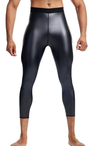 Ausing Elastisch Biker Hose Herren PU Leder Sporthose Shapewear Leggings Kompressionshose mit Taschen Wetlook Clubwear Schwarz XL von Ausing
