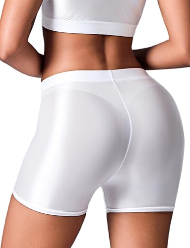 Ausing Fraun Hotpants Enge Kurze Sporthose Gym Kurz für Damen Short Lack Sport Shorts Pole Dance Radler Radlerhose Tanz Glitzer Hose Wetlook Sommer Weiß S von Ausing