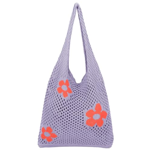 Ausing Handtasche Gestrickte Tasche Shopper Strandtaschen für Damen Handgewebt Leicht Lila von Ausing