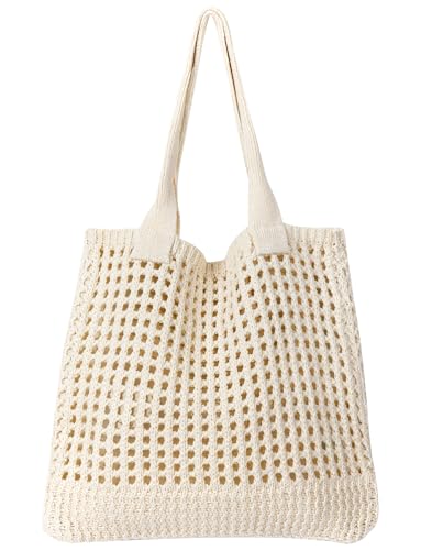 Ausing Handtasche Gestrickte Tasche Shopper Strandtaschen für Damen Handgewebt Leicht Weiß von Ausing