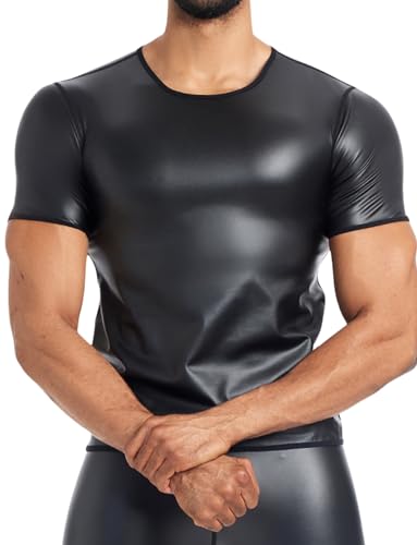 Ausing Herren Kunstleder Unterhemd Slim Fit Oberteil Leder Party-Outfit Wetlook Kostüm Rave Party Halloween Disco Bekleidungset Schwarz L von Ausing