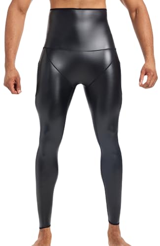 Ausing Herren Slim Fit Hose Leder Lederhose Hohe Taille Leggings mit Taschen Kunstlederhosen Casual Stretch Kostüm Rave Party Schwarz XL von Ausing