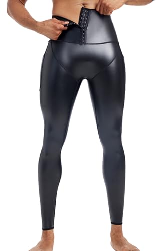 Ausing Herren Slim Fit Hose Leder Lederhose Hohe Taille Leggings mit Taschen Kunstlederhosen Casual Stretch Kostüm Rave Party Schwarz XL von Ausing