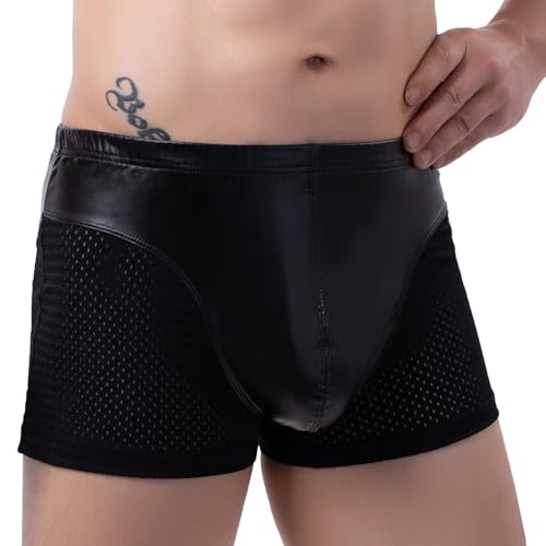 Ausing Herren Unterhose Leder Dessous Männer Boxers Männer Sexy Mesh Pouch Boxer Transparente Latex Hose Kurz Glänzende Metallische Shorts Schwarz XL von Ausing