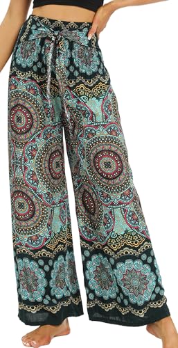 Ausing Hose Mit Weitem Bein Damen Strand Palazzo Hosen Bohemian Hohe Elastische Taille Floral Boho Baggy Leicht Sommerhose Gerades Breites Bein Freizeithose Hippie Pants Lang Locker Yoga Sommer Grün von Ausing