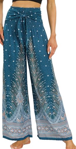 Ausing Hose Mit Weitem Bein Damen Strand Palazzo Hosen Bohemian Hohe Elastische Taille Floral Boho Baggy Leicht Sommerhose Gerades Breites Bein Freizeithose Hippie Pants Lang Locker Yoga Sommer Grün von Ausing