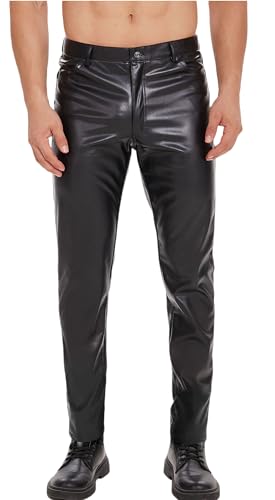Ausing Kunstleder Hosen Herren Slim Fit Hose Leder Lederhose Eng mit Taschen Bikerhosen Herren Club Halloween Disco Bekleidungset Schwarz 2XL von Ausing