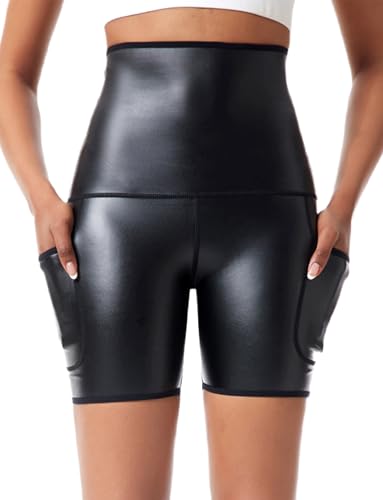 Ausing Kurze Leder Short Damen Kunstleder Hotpants Hohe Taille Ledershorts Push up mit Taschen Festival Rave Pole Dance Outfit Clubwear Schwarz 2XL von Ausing