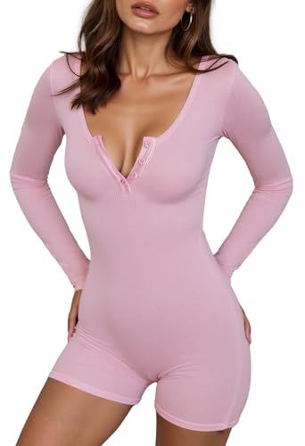 Ausing Langärmeliger Einteiler Bodysuit Y2k V-Ausschnitt Bodycon Shorts Pyjama Strampler Jumpsuit Damen Pajama Einteiler M von Ausing