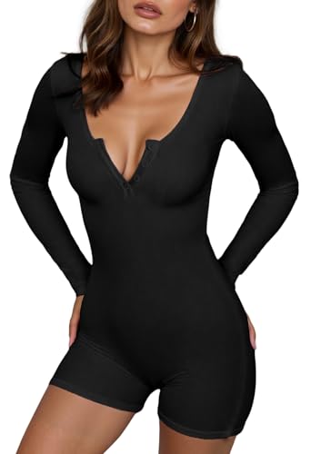 Ausing Langärmeliger Einteiler Bodysuit Y2k V-Ausschnitt Bodycon Shorts Pyjama Strampler Jumpsuit Damen Pajama Einteiler M von Ausing
