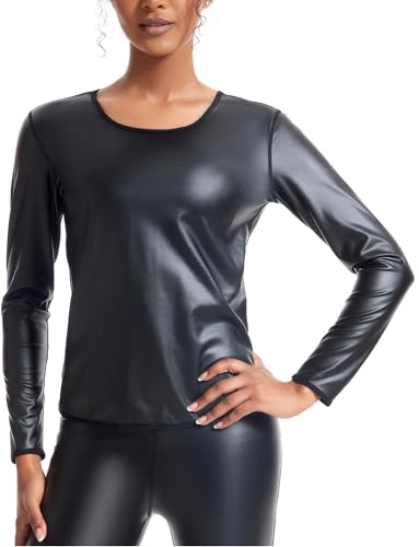 Ausing Langarm Oberteile Leder Damen Metallic Langarmshirts Rundhals Stretch Top Hippe Tanztop Karneval Fasching Festival Kostüm Schwarz XL von Ausing