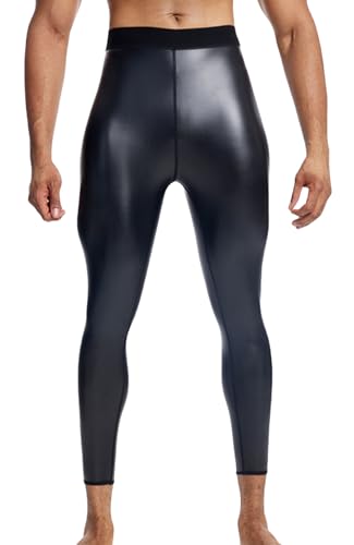 Ausing Leder Hosen Enge Herren Lederhose Hohe Taille Shapewear Leggings Kunstlederhosen Casual Stretch Nachtwäsche Club Halloween Disco Bekleidungset Schwarz L von Ausing